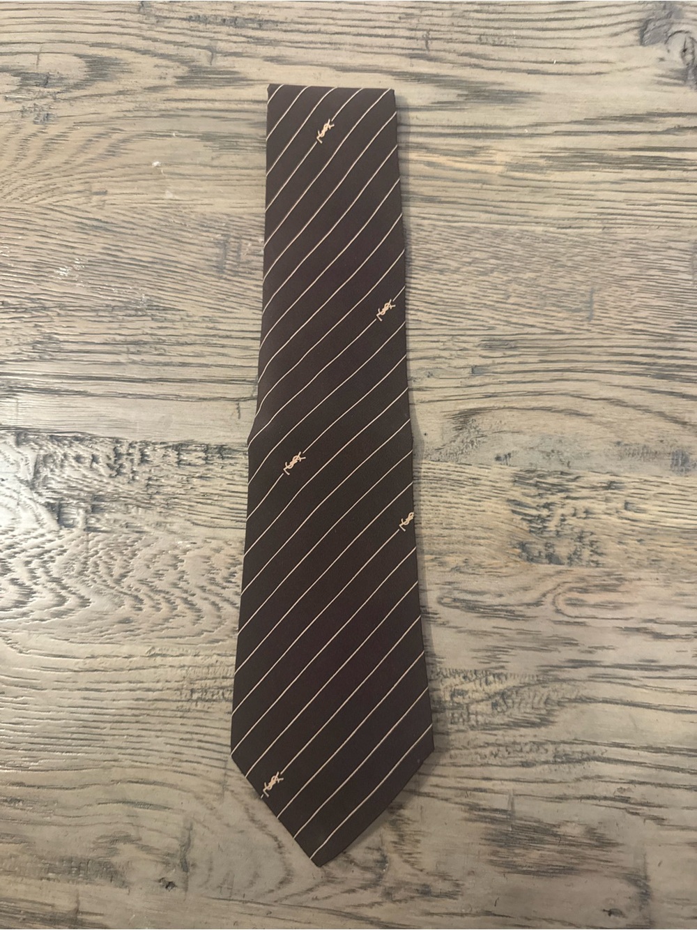 Vintage Saint Laurent Brown Tie with Beige Pinstripes - Picture 3 of 3